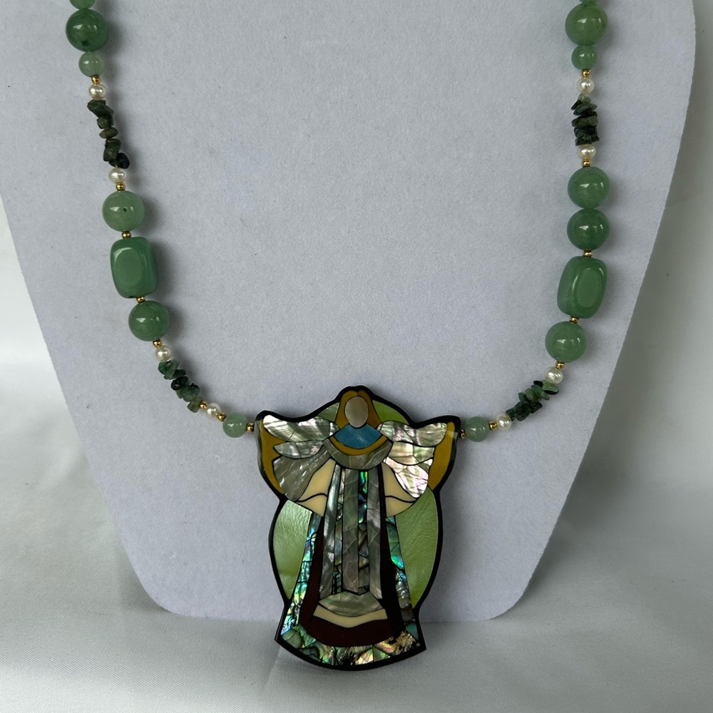 Vintage Lee Sands Angel Necklace- Jade stone and Mother of Pearl